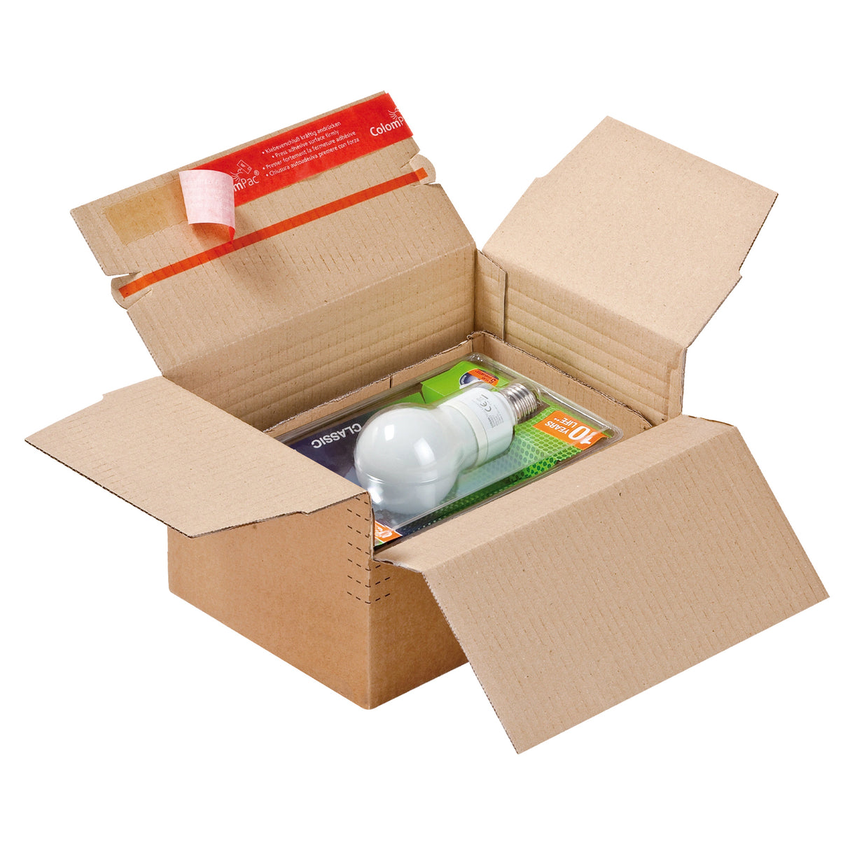 Karton mit variabler Tiefe und selbstklebendem Verschluss für den Versand